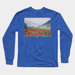 A field with red poppies in Maienfeld, Switzerland Long Sleeve T-Shirt